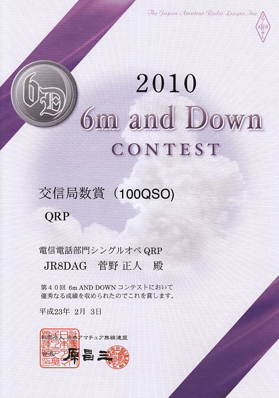 第40回6m&Downコンテストアワード 交信局数賞(100QSO) QRP特記