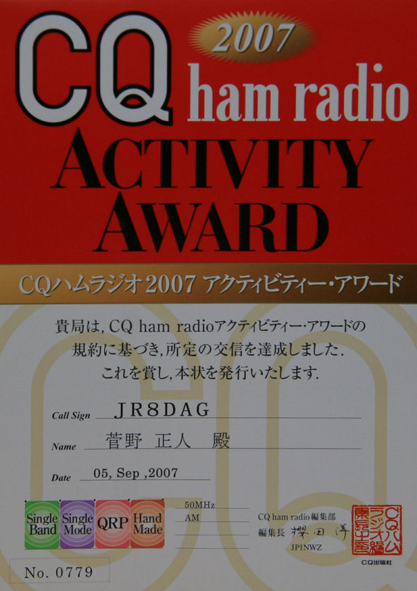 CQハムラジオ2007アクティビティアワード