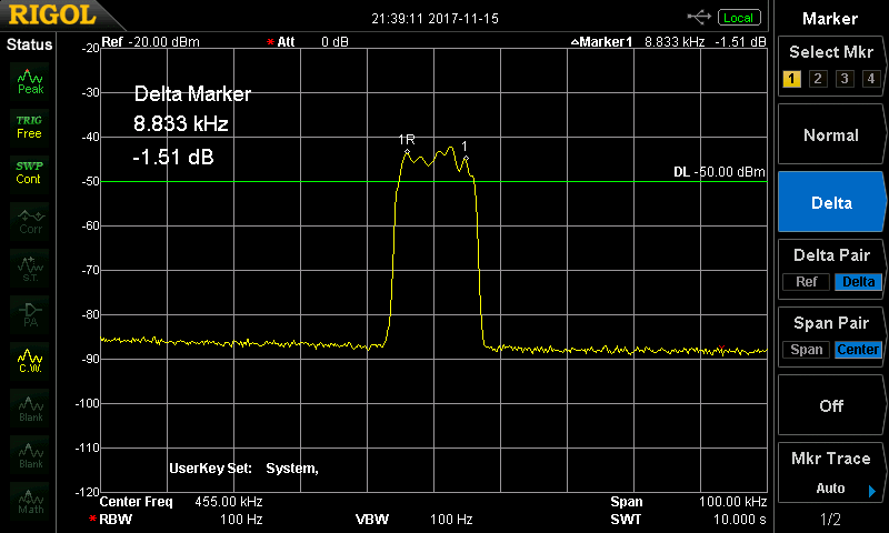 測定結果(中心周波数455kHz,スパン幅100kHz)