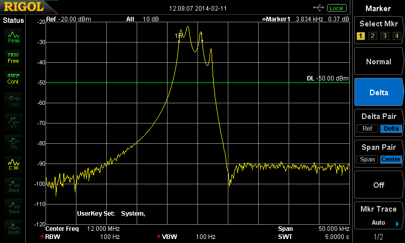 測定結果(中心周波数12.000MHz、スパン幅50kHz)