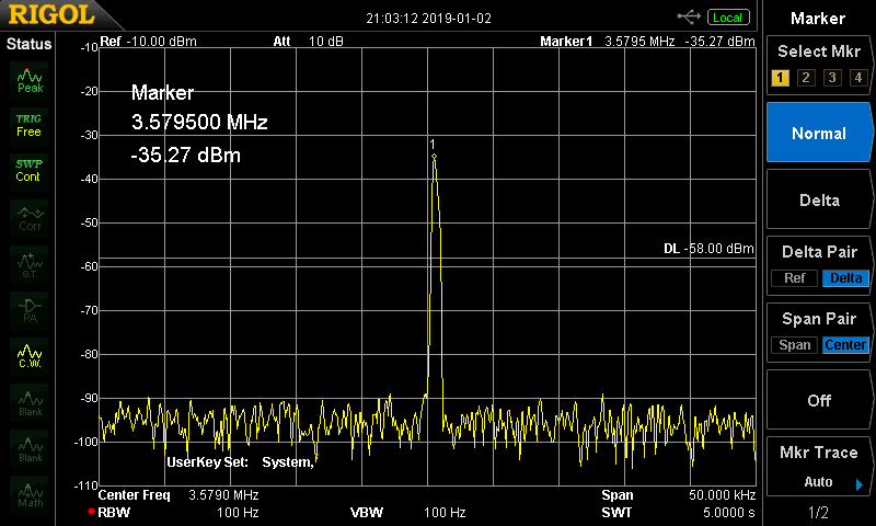 計測結果(中心周波数3.579MHz,スパン幅50kHz)